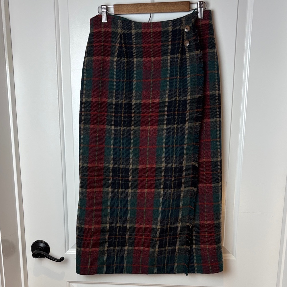 Talbots Vintage Wool Plaid Wrap Midi Skirt Sz 10 Made in Hong Kong